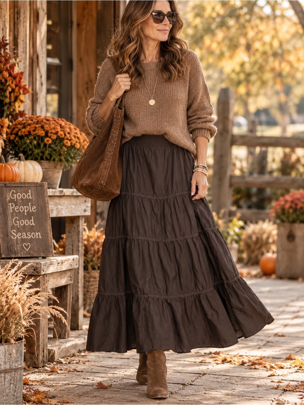 CHICO’S 100% Cotton Boho Chocolate Brown Tired Maxi Skirt with lining. Large